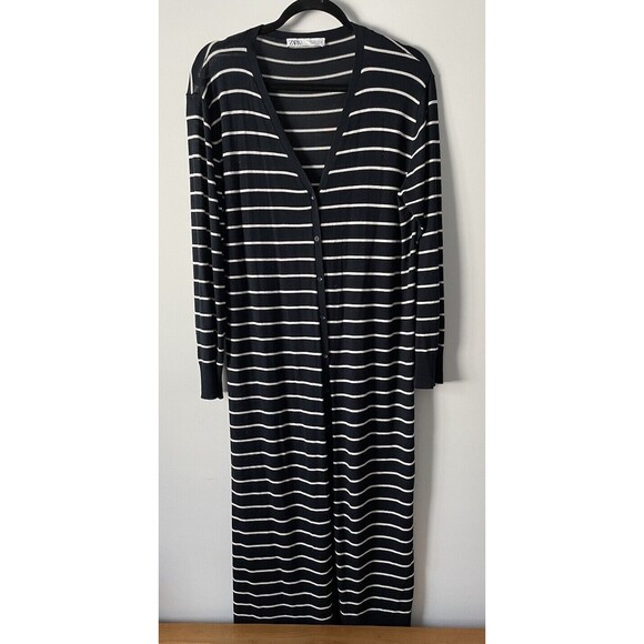 Zara Longline Navy Blue And White Striped Button Cardigan Size Large Nautical - Picture 1 of 8